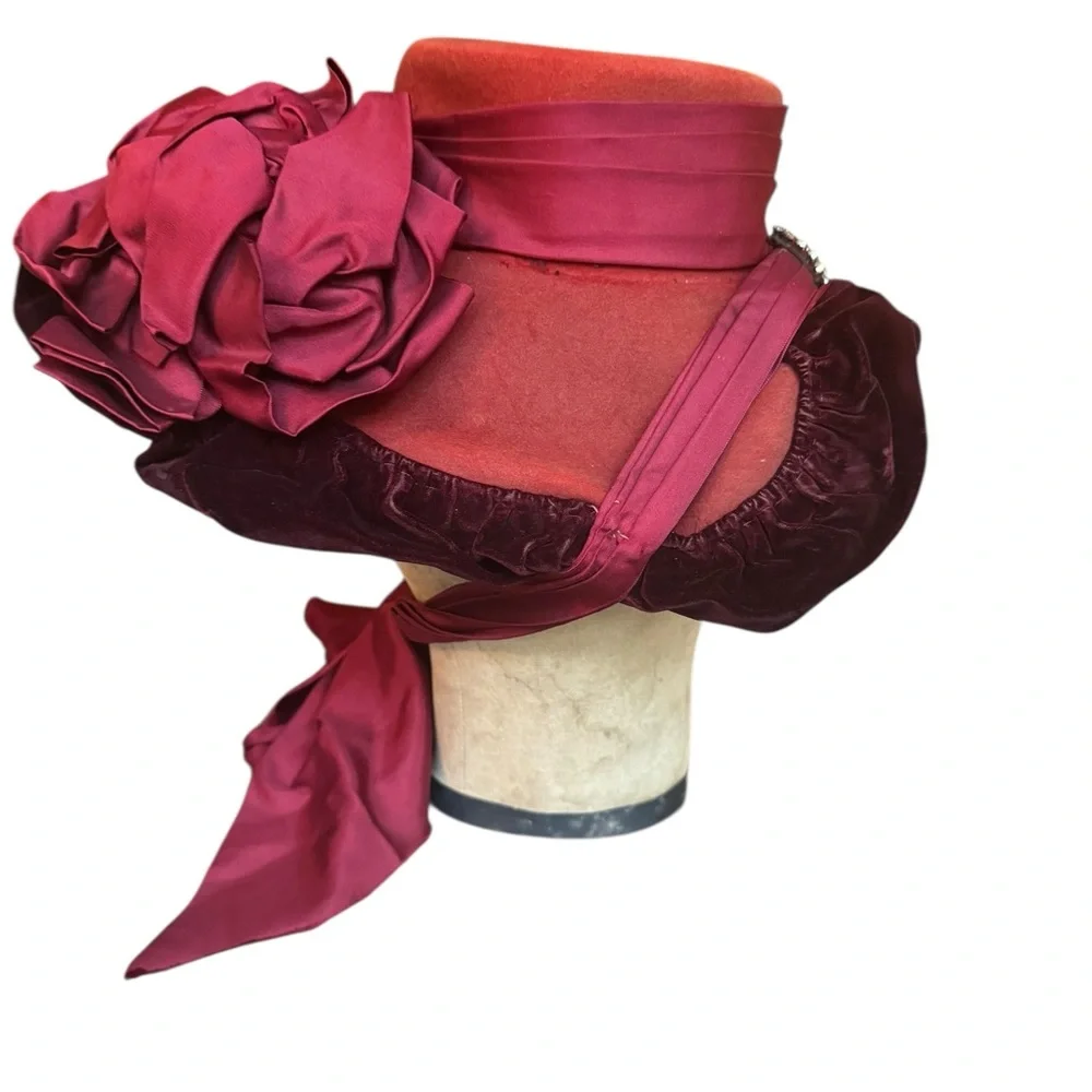 Late 19th/Early 20th Victorian/Edwardian Eras Wide Brim Velvet Trim Prominent Ri - Picture 4 of 11